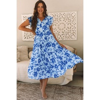 Sky Blue Floral Print Tiered Frilled Trim Flutter Sleeve Maxi Dress - S thumbnail