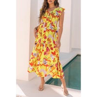 Yellow Cheetah Plant Print Shirred Button V Neck Maxi Dress - L thumbnail