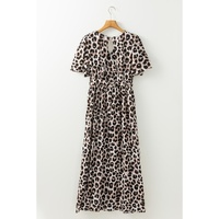 Khaki Leopard V Neck Cinched High Waist Open Back Maxi Dress - L thumbnail