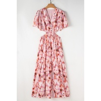 Pink Abstract Printed Flutter Sleeve Daring Cutout Long Dress - L thumbnail