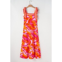 Red Abstract Print Knotted Shoulder High Waist Maxi Dress - M thumbnail