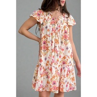Apricot Floral Geometric Print Ruffled Trim Flutter Sleeve Mini Dress - L thumbnail