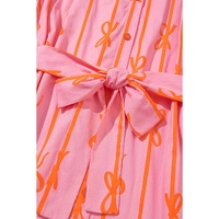 Pink Bowknot Striped Printed Bubble Sleeve Buttoned Belted Mini Dress - L thumbnail