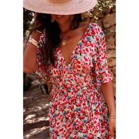 Red Floral Half Sleeve Deep V Neck Cutout Back Split Maxi Dress - L thumbnail
