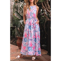 Sky Blue Floral Printed Sleeveless O Neck Knot Waist Maxi Dress - M thumbnail