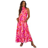 Rose Abstract Printed High Neck Knotted Nape Sleeveless Maxi Dress - XL thumbnail