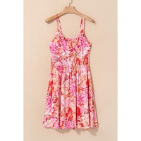 Red Floral Spaghetti Strap Surplice Neck Shirred Waist Mini Dress - L thumbnail