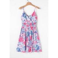Sky Blue Floral Spaghetti Strap Surplice Neck Shirred Waist Mini Dress - L thumbnail