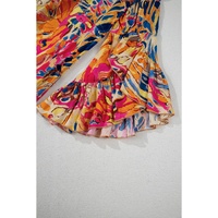 Pink Plant Print Flared Sleeve Ruffled Hem Tunic High Waist Flowy Dress - L thumbnail