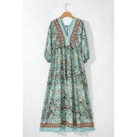 Green Boho Floral Print Lace-up Open Back High Waist Maxi Dress - S thumbnail