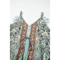 Green Floral Print V Neck Ruffled Trim Backless Tassel Waist Maxi Dress - M thumbnail