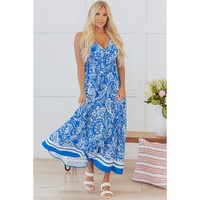 Blue Paisley V Neck Crisscross Backless Maxi Dress - L thumbnail