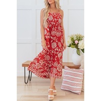 Red Floral Printed Spaghetti Strap Empire Waist Maxi Dress - L thumbnail