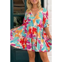 Rose Red Floral Bubble Sleeve V Neck Tiered Ruffle Babydoll Dress - XL thumbnail