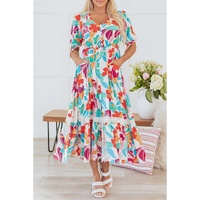 Rose Red Floral Knot Puff Sleeve V Neck Buttoned Front Split Lace Maxi Dress - M thumbnail