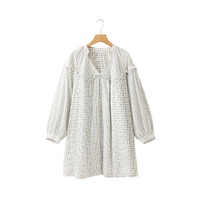 White Stripe Checkered Frilled V Neck Bracelet Sleeve Babydoll Dress - S thumbnail