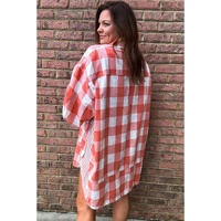 Pink Oversized Plaid Puff Sleeve Round Hem Shirt Dress - S thumbnail