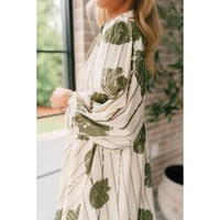 Guacamole Green Floral Striped Print Contrast Piping Puff Sleeve Dress - L thumbnail
