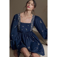 Blue Floral Embroidered Square Neck Puff Sleeve Ruffled Mini Dress - L thumbnail