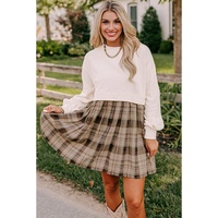 Beige Plaid Patchwork High Waist Sweatshirt Mini Dress - M thumbnail