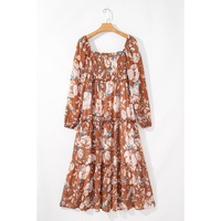 Brown Floral Print Shirred Square Neck High Waist Maxi Dress - L thumbnail