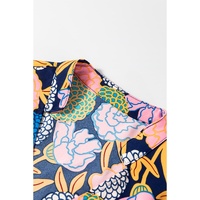 Navy Blue Hydrangea Floral Print Bishop Sleeve V Neck Shift Dress - L thumbnail