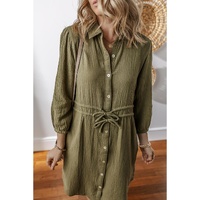 Jungle Green Textured Bracelet Sleeve Collared Button Up Dual Tied Mini Dress - S thumbnail