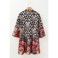 Black Retro Floral Mixed Print Split Neck A-line Dress - M thumbnail