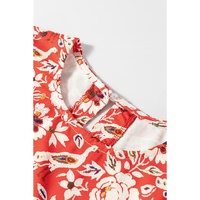 Red Colorful Floral Patchwork Long Sleeve Pleated Mini Dress - L thumbnail