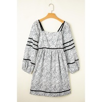 Gray Floral Print Open Back Balloon Sleeve Square Neck Mini Dress - L thumbnail