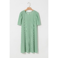Mint Green Corded Knit Crew Neck Puff Sleeve Shift Mini Dress - L thumbnail