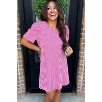 Bright Pink Corded Knit Crew Neck Puff Sleeve Shift Mini Dress - S thumbnail
