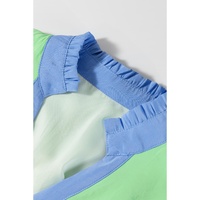 Dark Blue Colorblock Frilled V Neck Puff Half Sleeve Shift Dress - M thumbnail