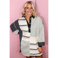 Black Stripe Colorblock Knit Henley Collar Shift Long Sleeve Mini Dress - L thumbnail