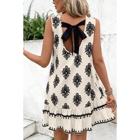 Beige Geometric Printed Sleeveless Hollowed Bowknot Back Mini Dress - L thumbnail