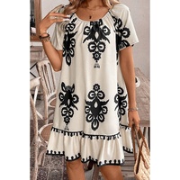 Apricot Western Print Ruffled Short Sleeve Loose Dress - L thumbnail
