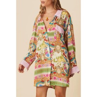 Multicolour Boho Floral Print Buttoned Long Sleeve Shirt Dress - L thumbnail