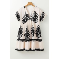 Black Vintage Print V Neck High Waist Short Sleeve Dress - S thumbnail