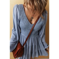 Ashleigh Blue Long Sleeve V Neck Smocked Tiered Mini Dress - S thumbnail