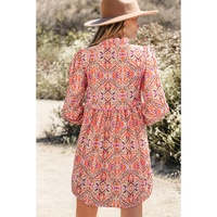 Khaki Abstract Printed Long Sleeve Tied Neckline Mini Dress - L thumbnail