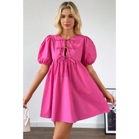 Bright Pink Solid Color Puff Sleeve Tie Front High Waist Mini Dress - S thumbnail