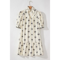 Beige Cute Bowknot Printed Bubble Sleeve V Neck Mini Dress - L thumbnail