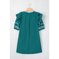 Skobeloff Boho Floral Ruffle Puff Sleeve Lace-up V Neck Mini Dress - M thumbnail