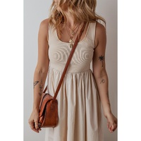 Beige Scoop Neck Ribbed Bodice Pleated Sleeveless Long Dress - M thumbnail