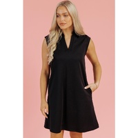 Black Solid Color Collared Slit Neck Sleeveless Mini Dress - XL thumbnail
