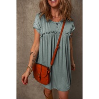 Mist Green Frilled Gathered Seam Round Neck T Shirt Dress - M thumbnail