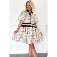 Black Boho Floral Striped Contrast Trim Bubble Sleeve Flared Dress - L thumbnail