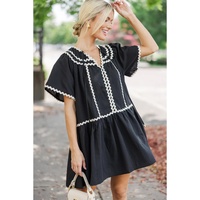 Black Contrast Ricrac Trim Short Sleeve V Neck Loose Mini Dress - M thumbnail