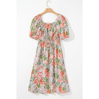 Apricot Pink Floral Smocked Bust Bubble Short Sleeve Maxi Dress - L thumbnail