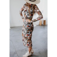 Brown Floral Allover Print Mock Neck Bodycon Long Sleeve Midi Dress - L thumbnail